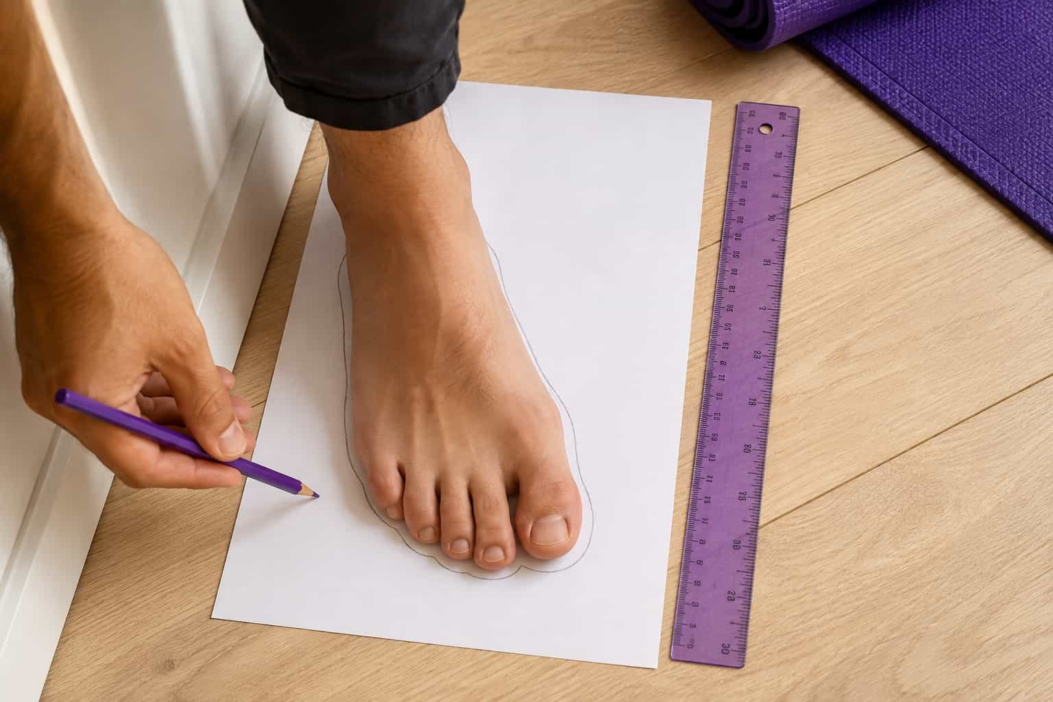 Man measuring foot length to find Australian shoe size