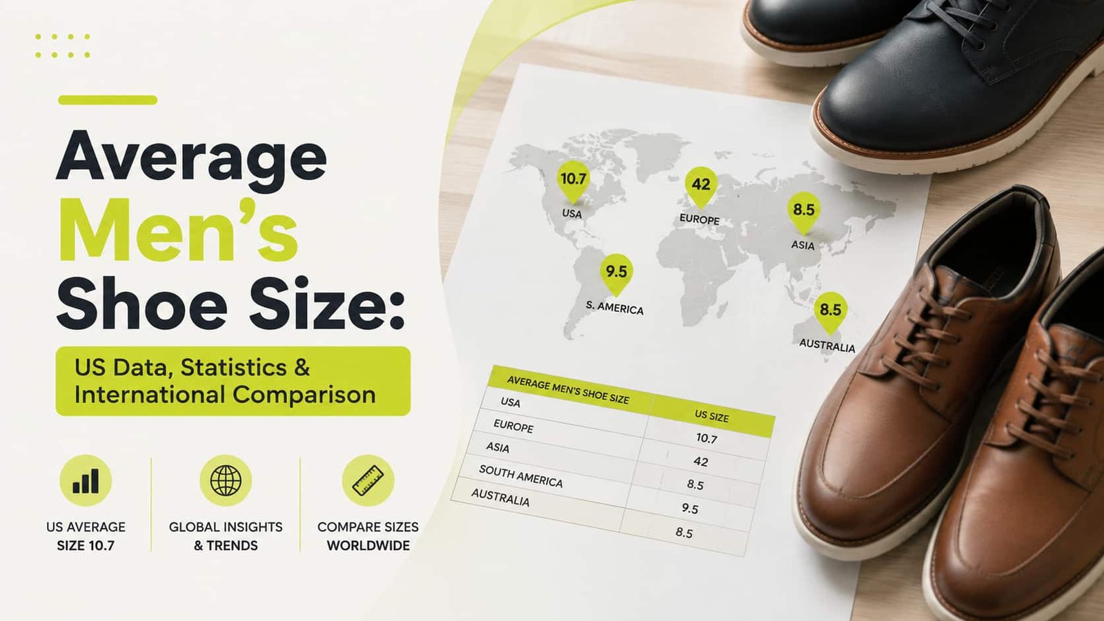 men's shoe size distribution chart showing average US shoe size 10 with size range statistics