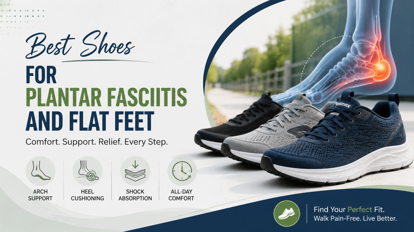 Best shoes for plantar fasciitis and flat feet with supportive wide walking footwear