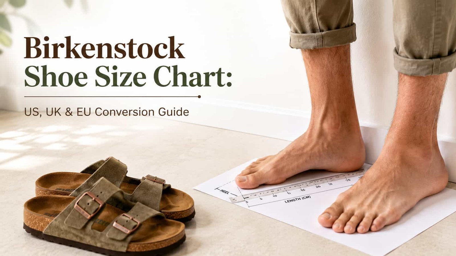 Birkenstock shoe size chart guide showing men's footwear and foot measurement setup