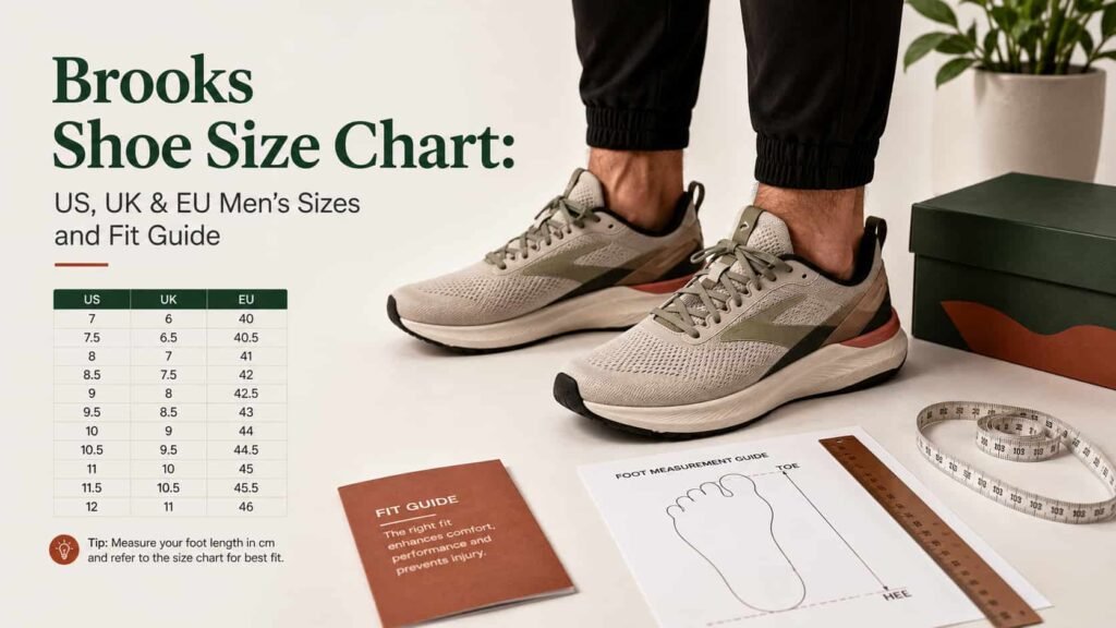 Brooks shoe size chart showing men's US, UK and EU sizing with a realistic running shoe