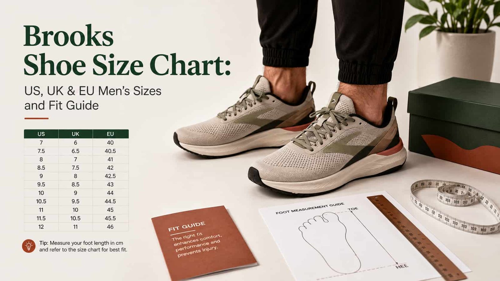 Brooks shoe size chart showing men's US, UK and EU sizing with a realistic running shoe