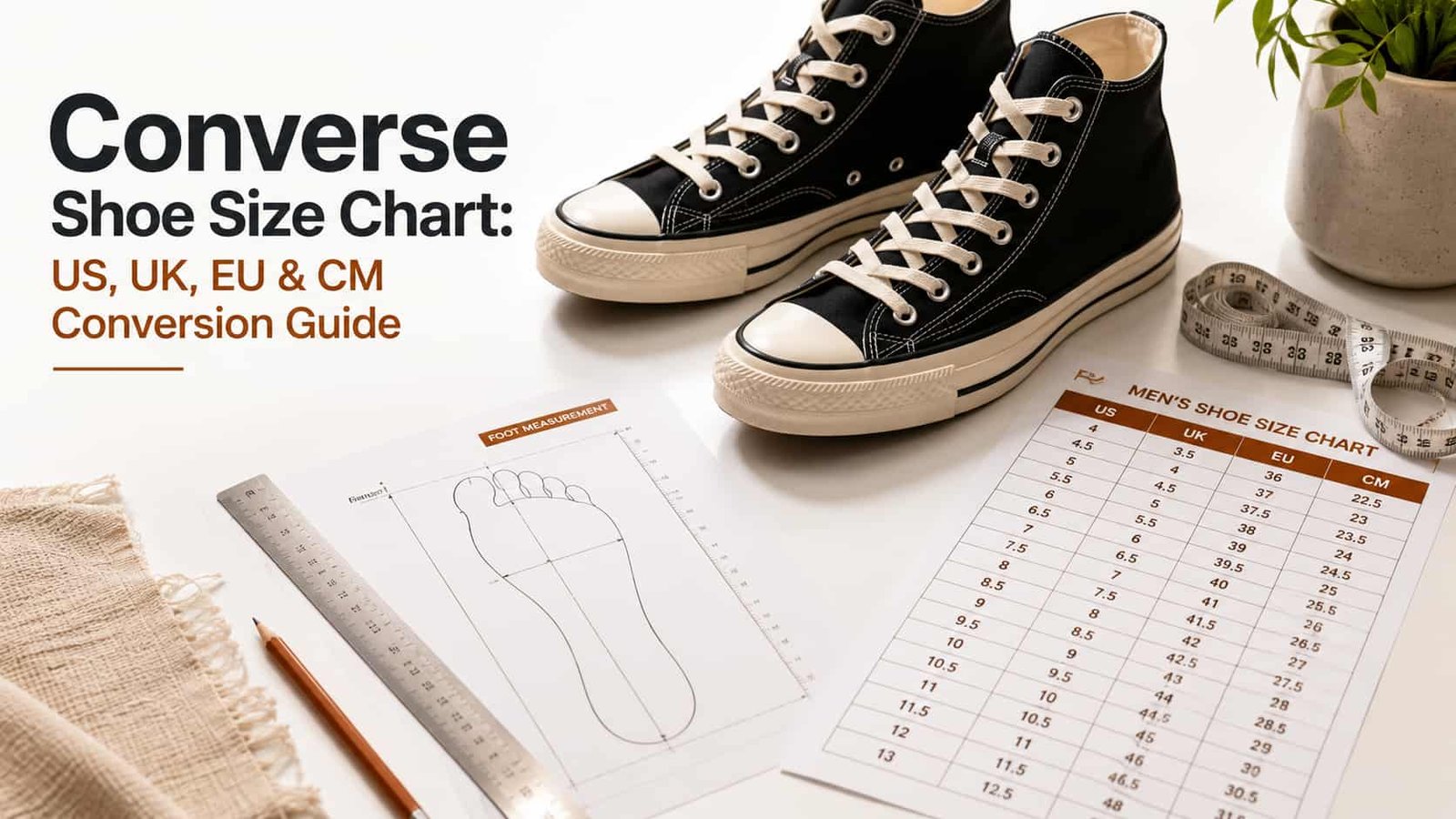 Converse shoe size chart guide showing US UK EU and CM sizing