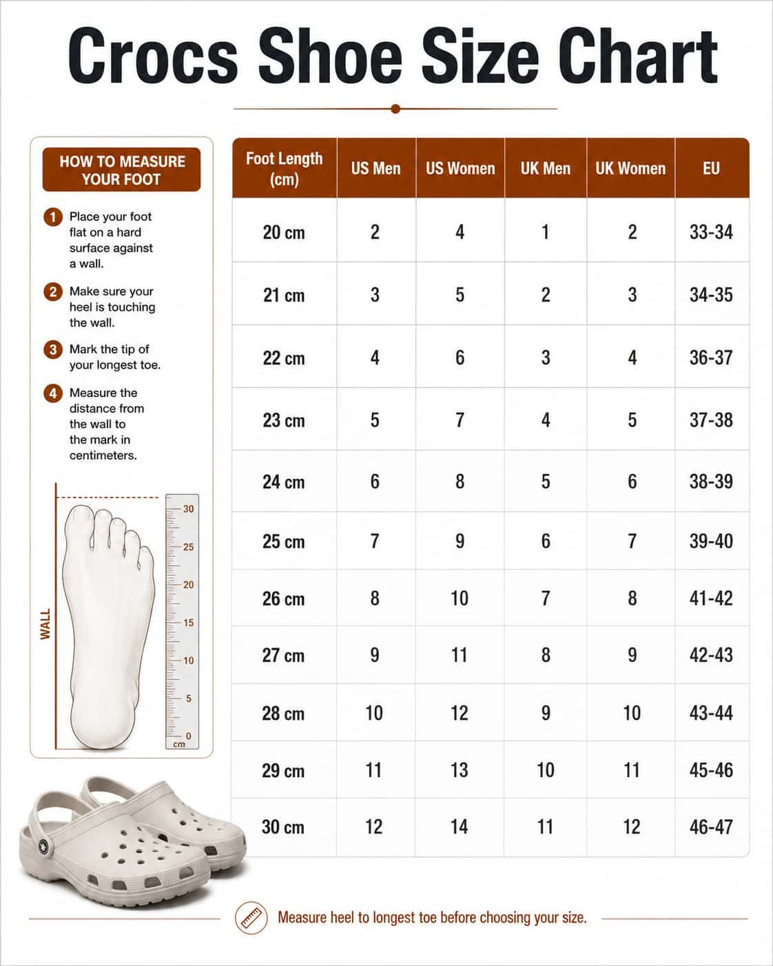 Crocs shoe size chart showing US UK EU sizes with heel-to-toe foot length