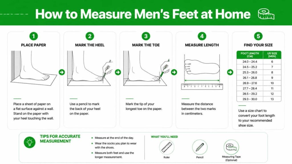 step-by-step foot measurement process showing pencil marks at heel and toe