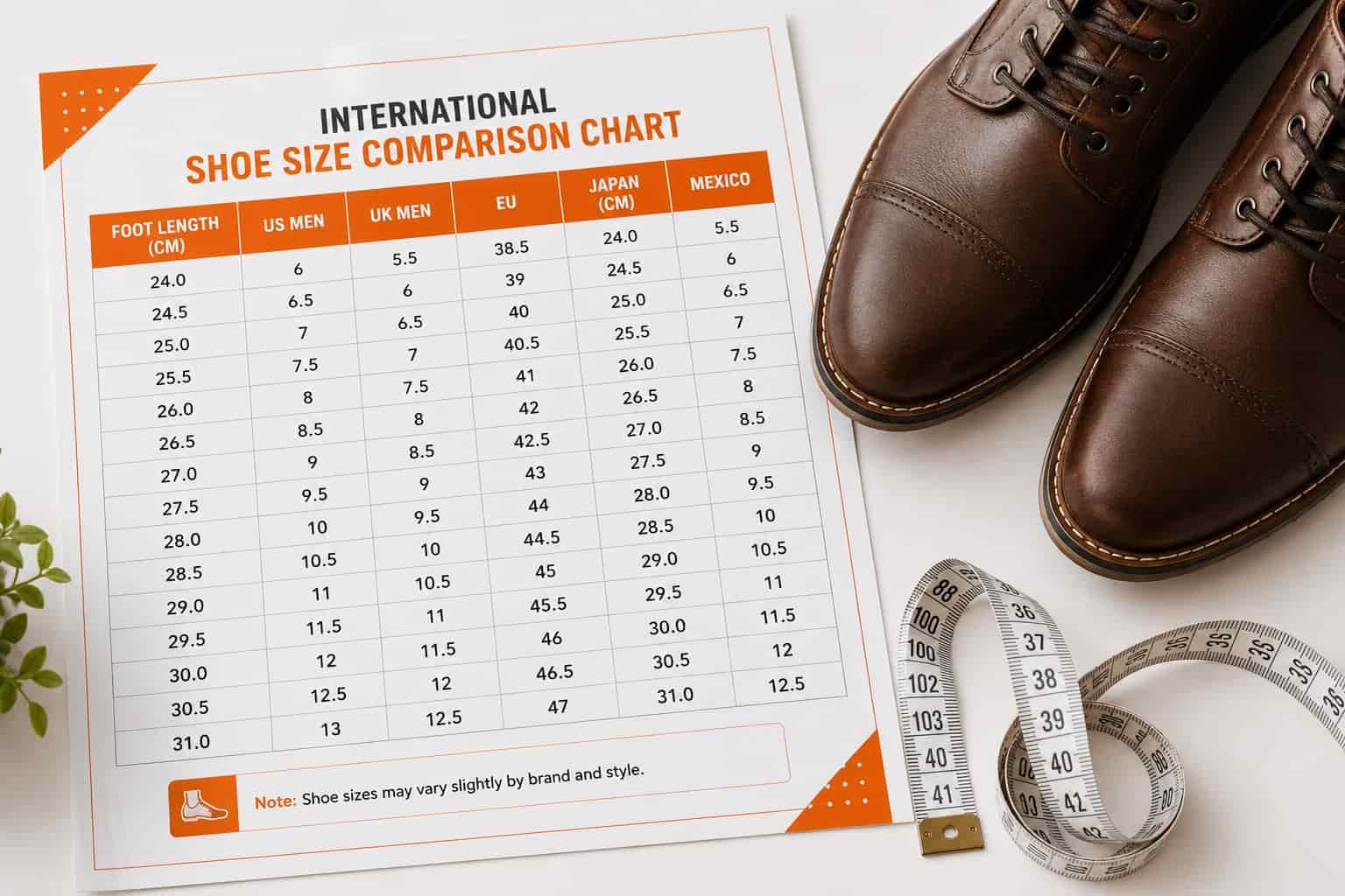 World shoe size comparison table showing men's sizing across six countries with foot length
