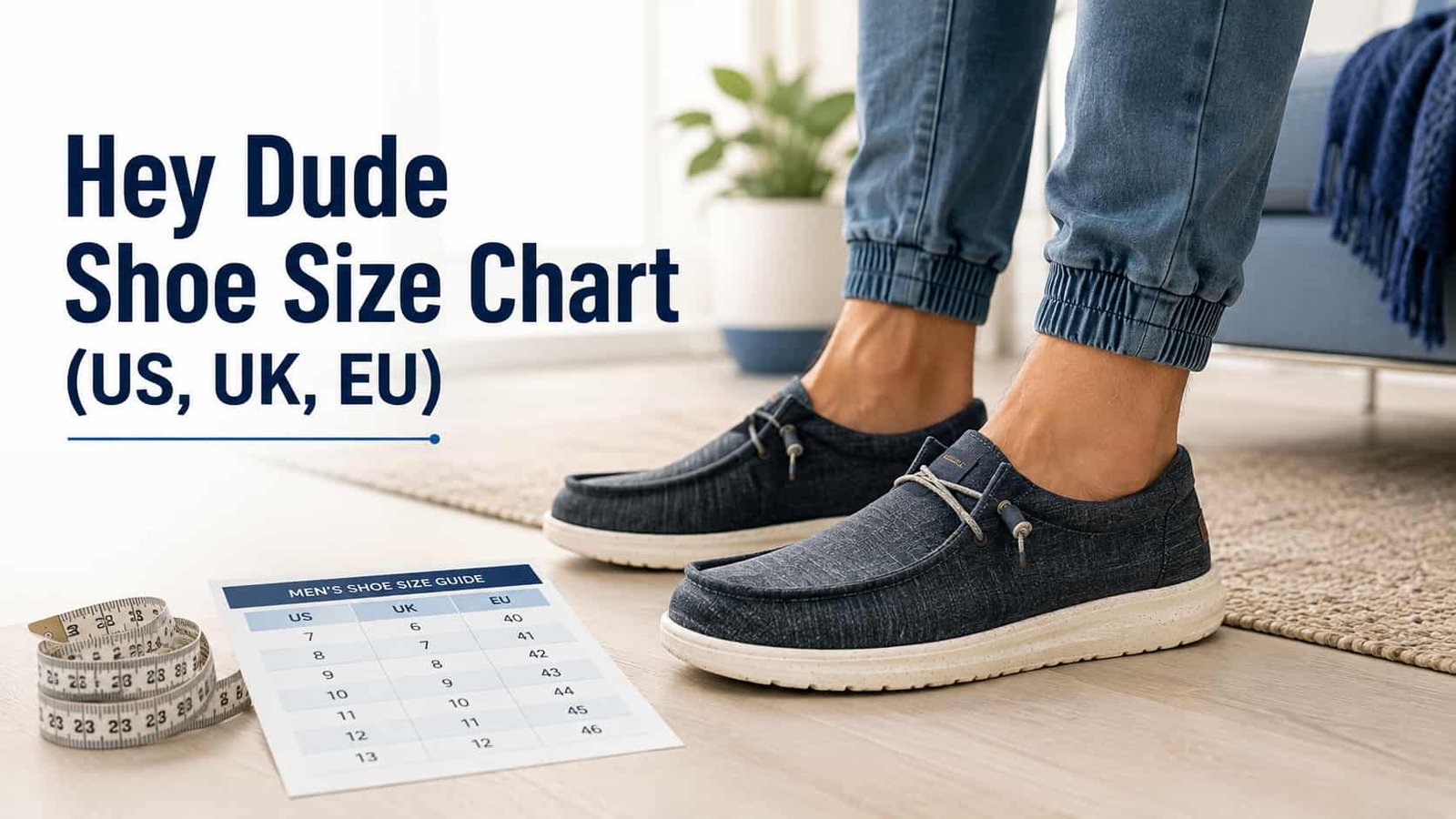 Hey Dude shoe size chart US UK EU guide with casual slip-on shoes