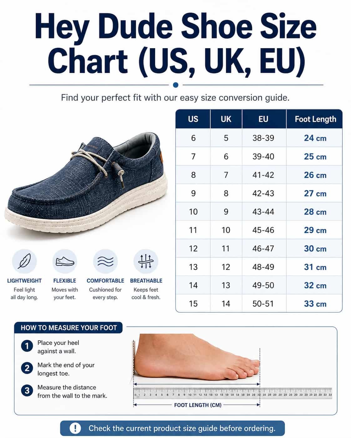 Hey Dude shoe size chart showing US UK EU sizes and foot length measurements