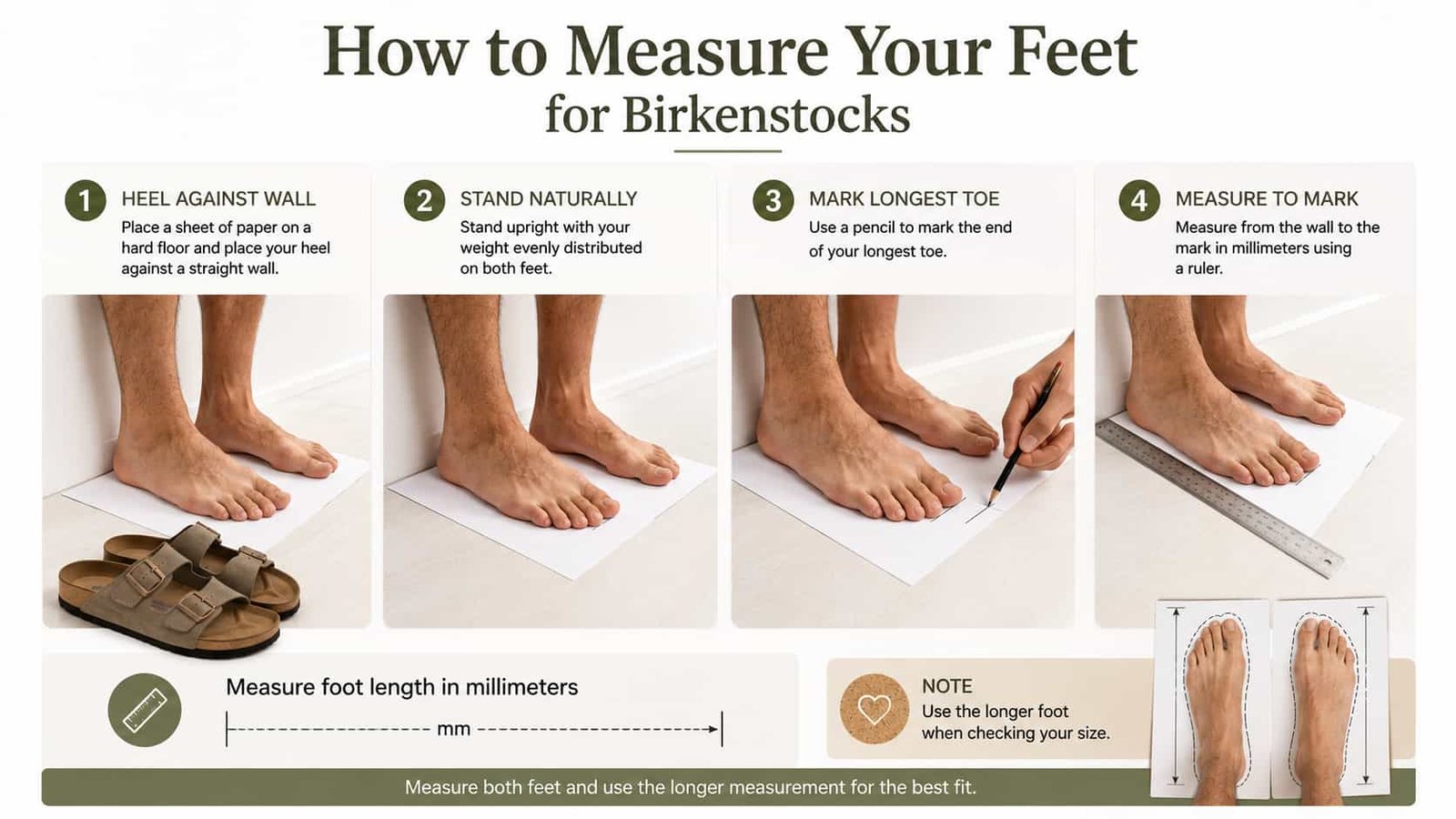 How to measure foot length and width for Birkenstock shoe sizing