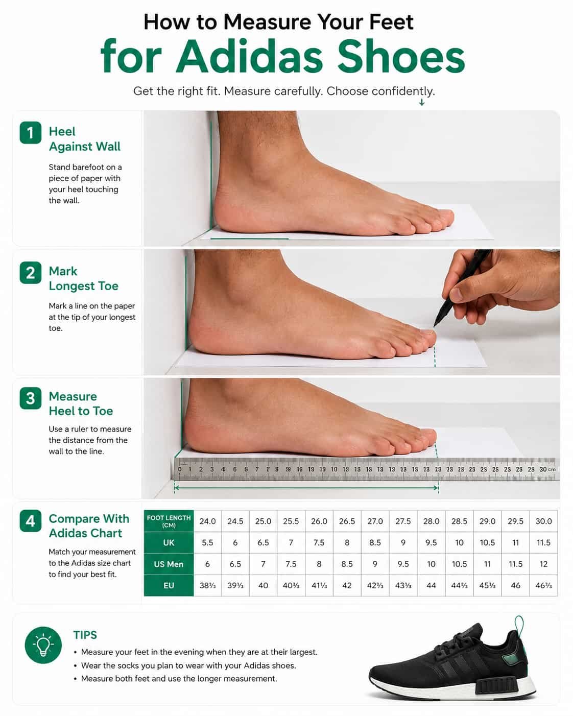 How to measure foot length for Adidas shoes using a ruler and heel-to-toe measurement
