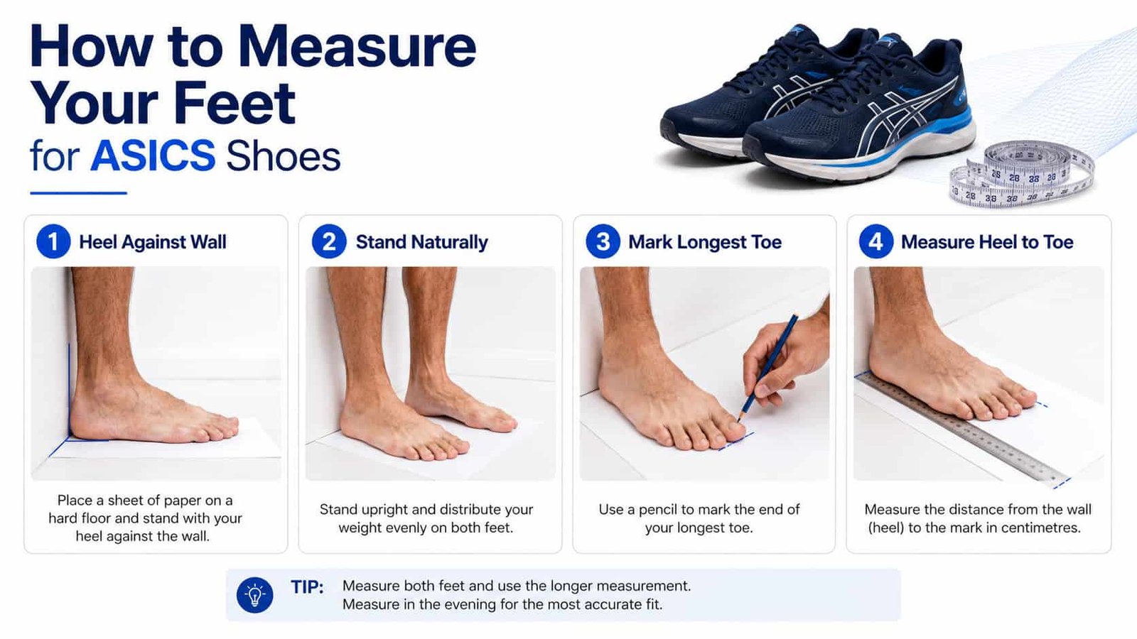 How to measure foot length for ASICS shoes using a ruler and paper