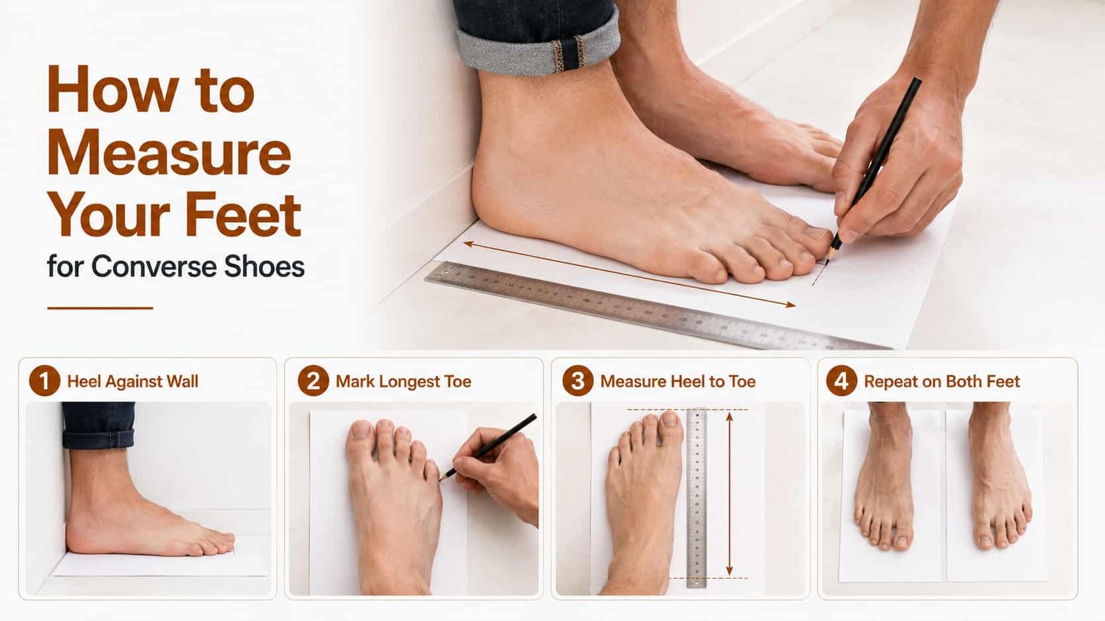 How to measure foot length at home for Converse shoes using paper and ruler