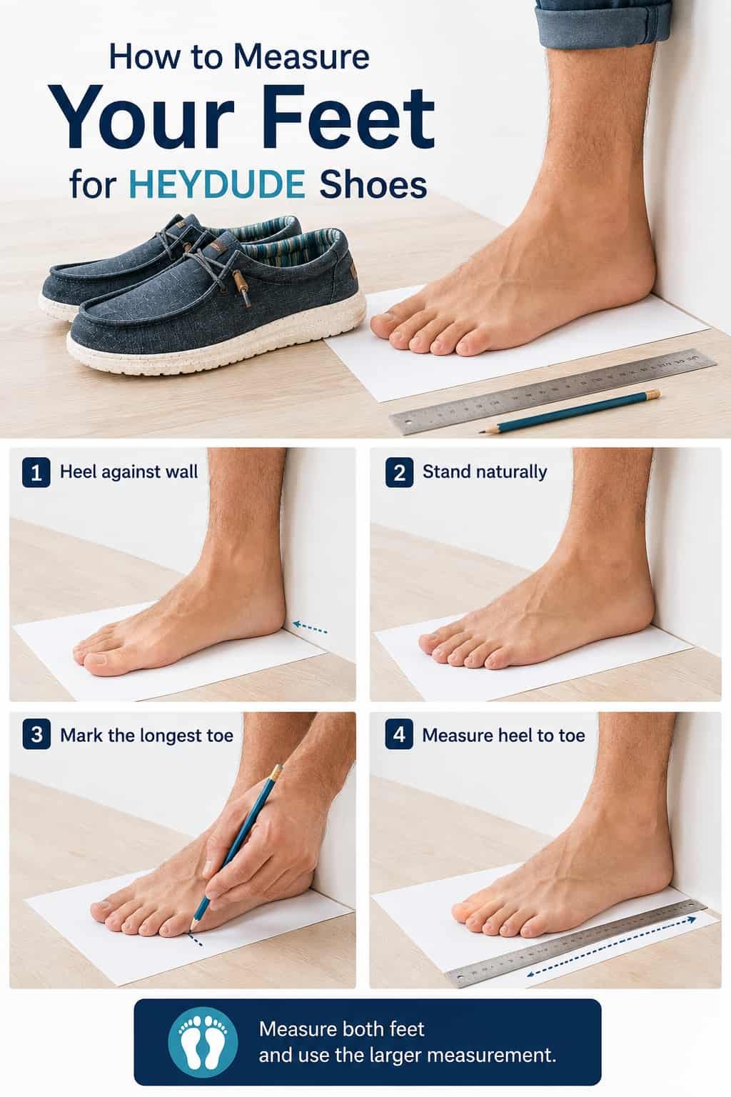 How to measure foot length for Hey Dude shoes using a ruler