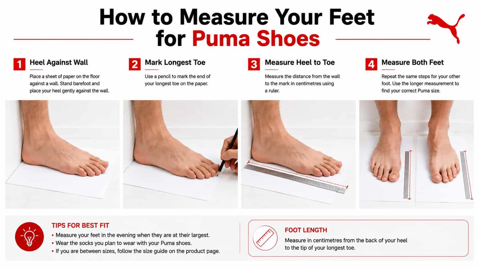 How to measure foot length for Puma shoes in centimetres