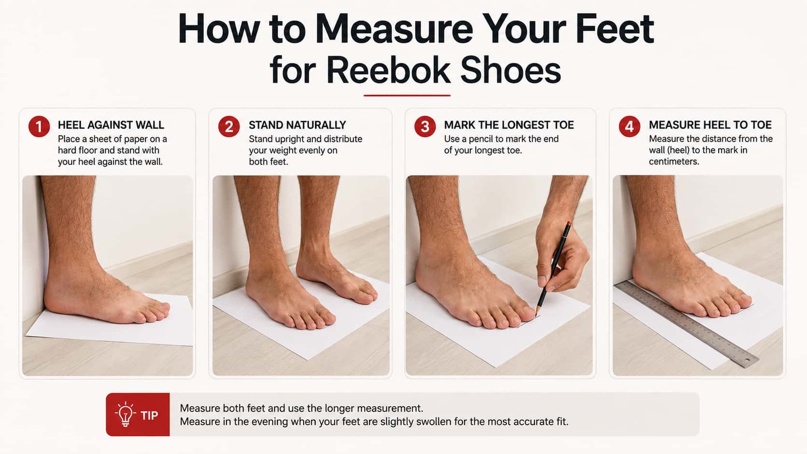How to measure feet for Reebok shoes using heel to toe measurement