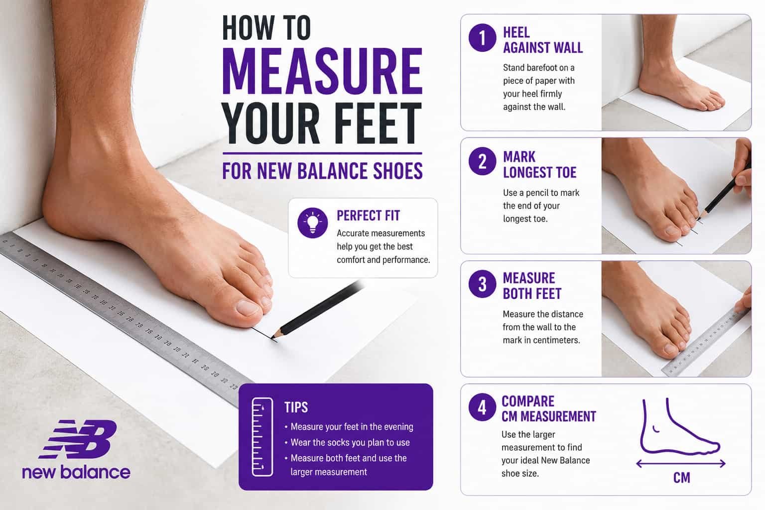 How to measure men's feet for New Balance shoes using foot length in centimeters