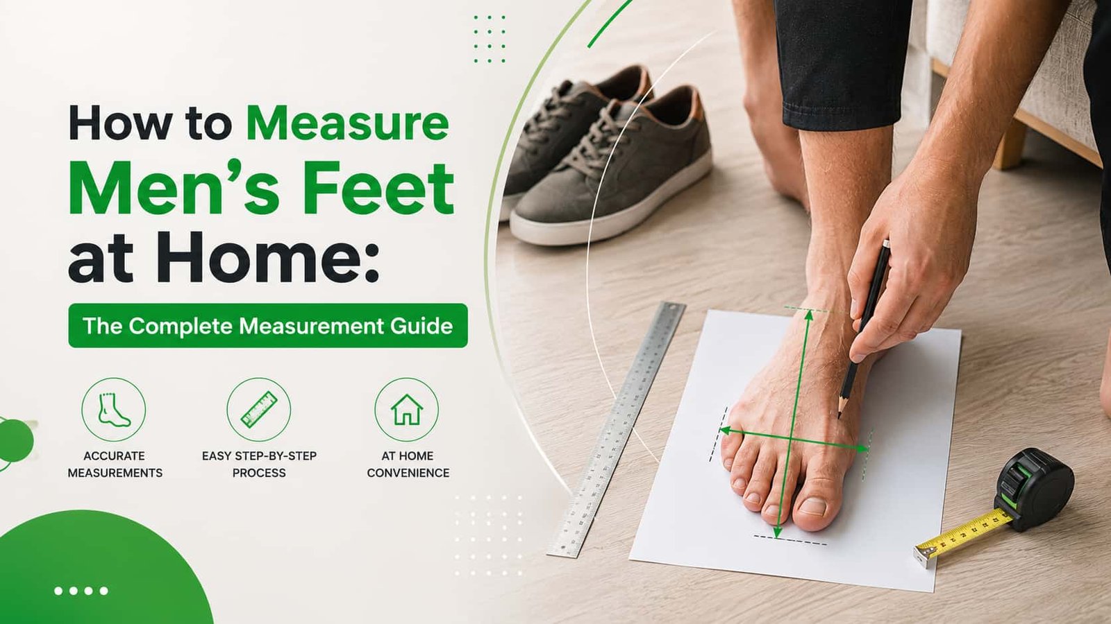man measuring his foot length at home using ruler and pencil on white paper