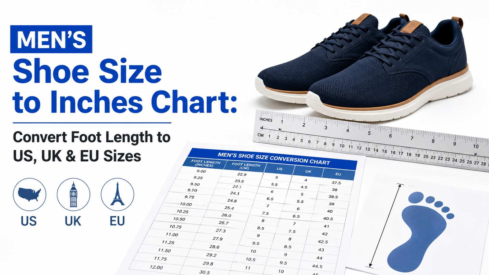 Men's Shoe Size to Inches Chart: Convert Foot Length to US, UK & EU Sizes