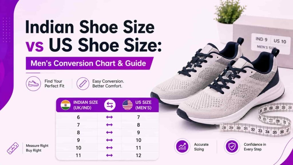 Indian shoe size to US men's shoe size conversion chart with footwear and foot measurement ruler