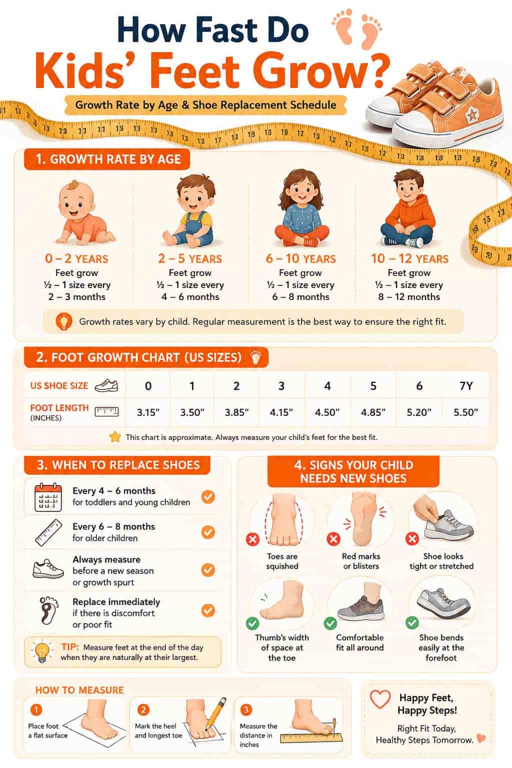 Kids foot growth rate by age chart showing changes in foot size