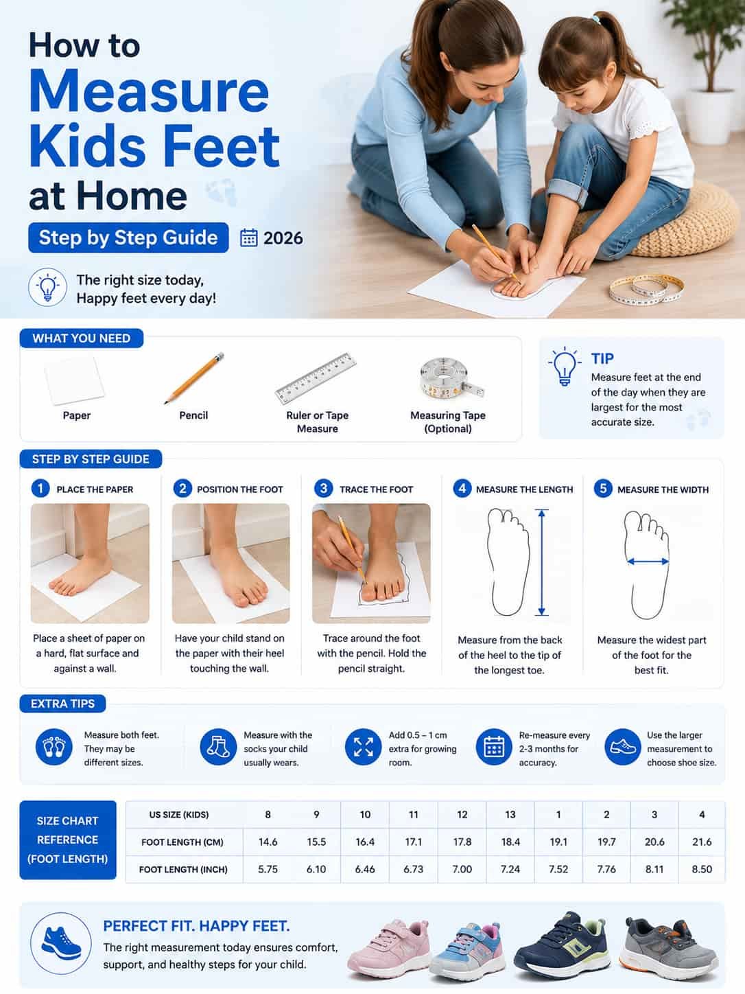 Kids foot measurement guide showing how to measure feet at home