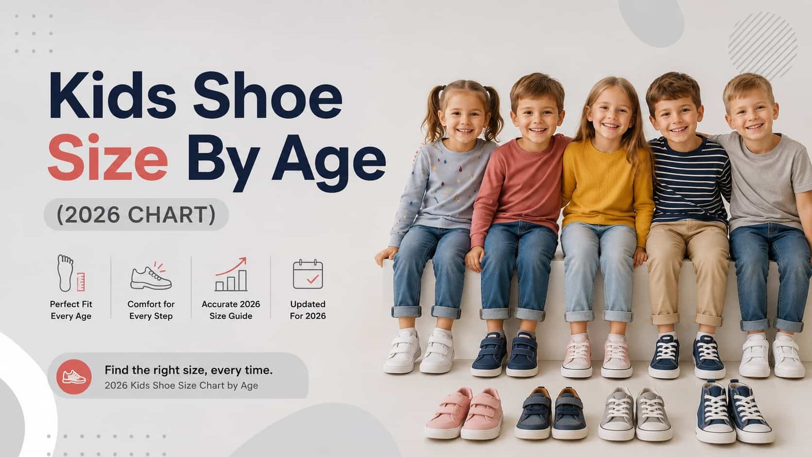 Kids Shoe Size By Age chart showing US, UK and EU shoe sizes