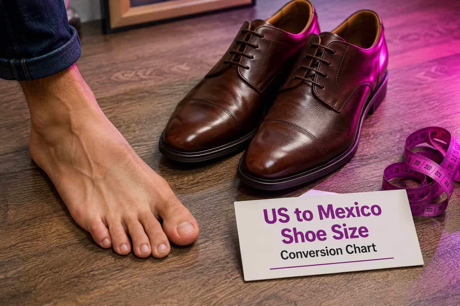 Man measuring foot length at home to find accurate Mexico shoe size