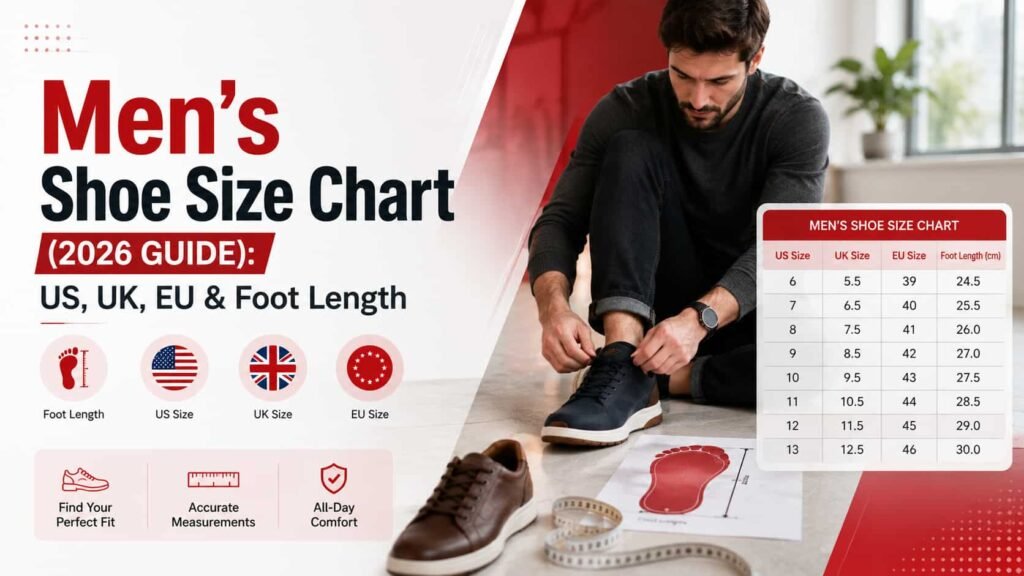 Men's shoe size chart showing US UK EU sizes and foot length