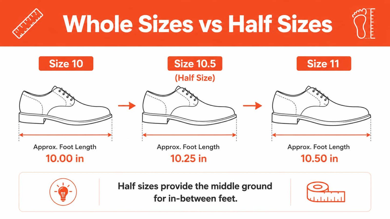 men's shoe size chart showing where half sizes fall between whole sizes