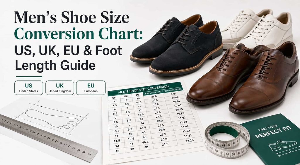 Men's shoe size conversion chart showing US UK EU sizes and foot length