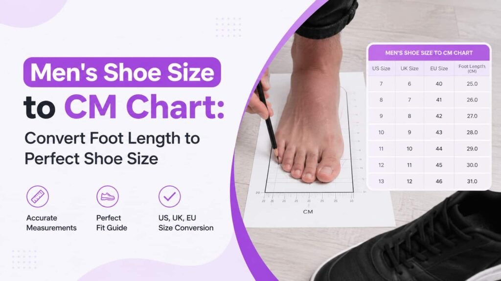 Men's shoe size to CM chart showing foot length and shoe size conversion