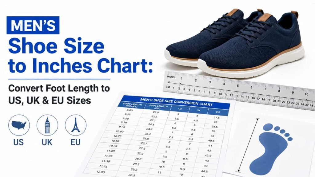 Men's shoe size to inches chart showing foot length and US UK EU sizes