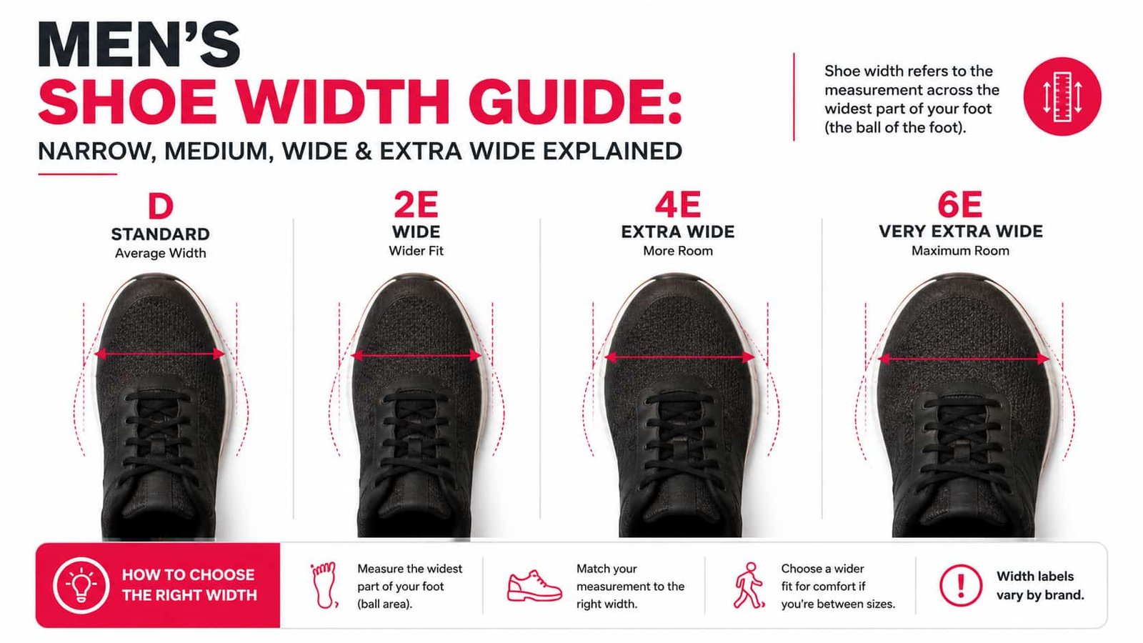 Men's shoe width chart comparing D, 2E, 4E and 6E widths