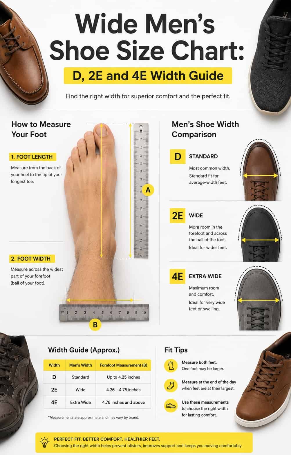 Men's shoe width chart comparing narrow medium wide and extra wide widths