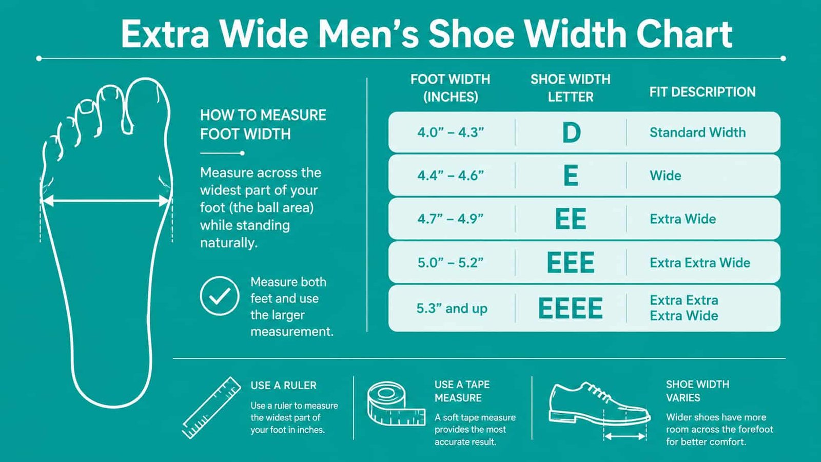 foot width in inches converted to shoe width designation from narrow to EEEE extra wide