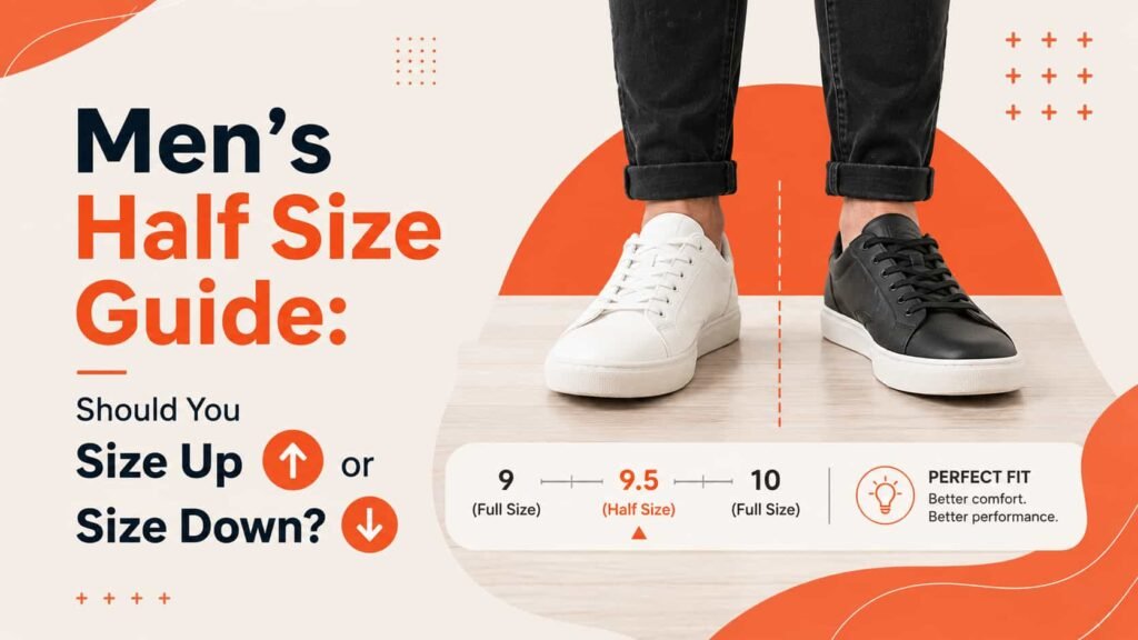 side by side comparison of whole size and half size men's shoes showing the size difference