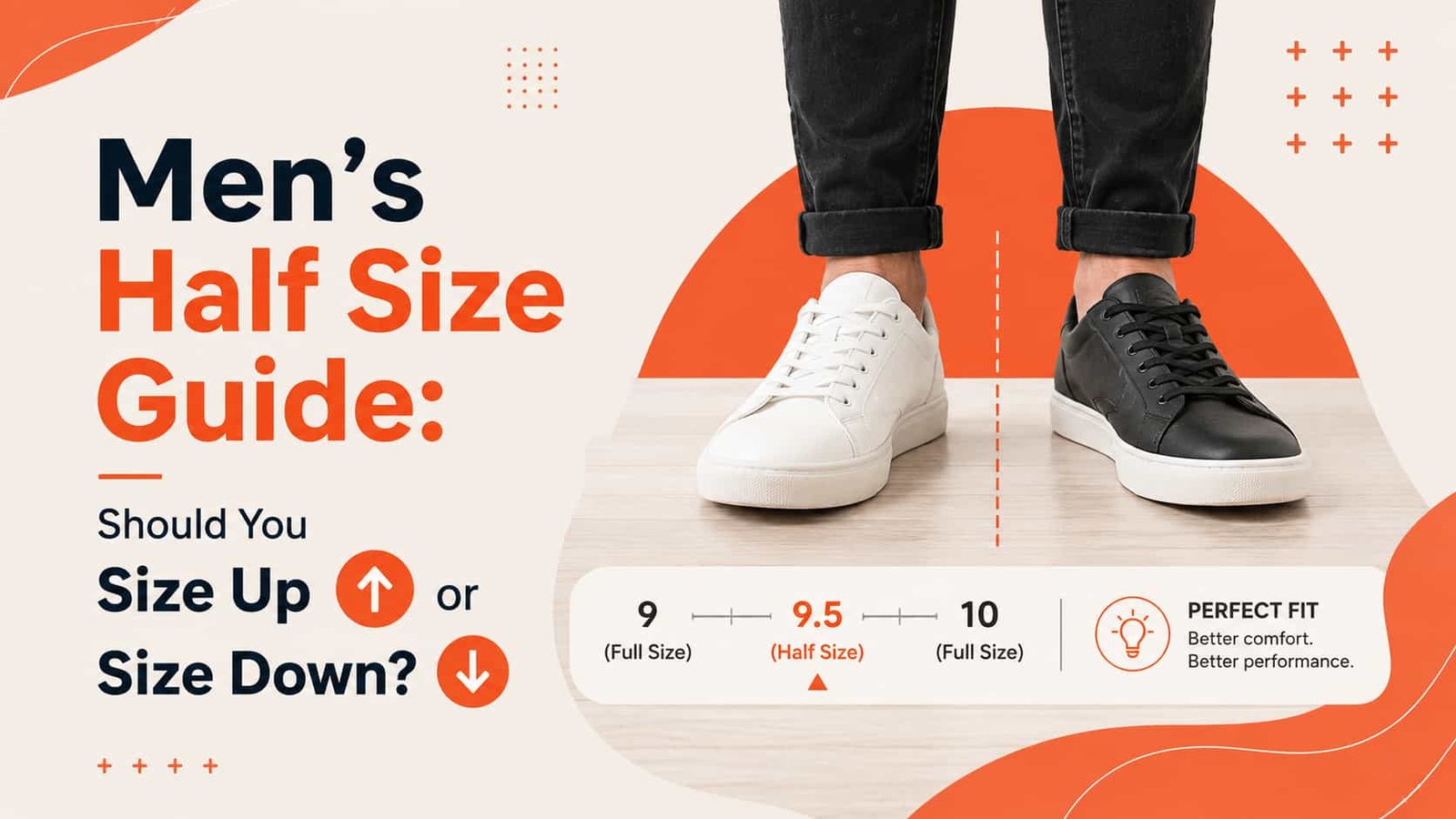 side by side comparison of whole size and half size men's shoes showing the size difference