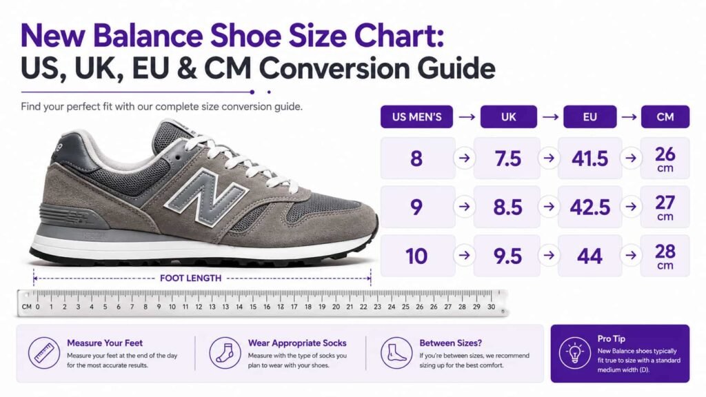 New Balance shoe size chart showing US UK EU and CM men's shoe size conversion