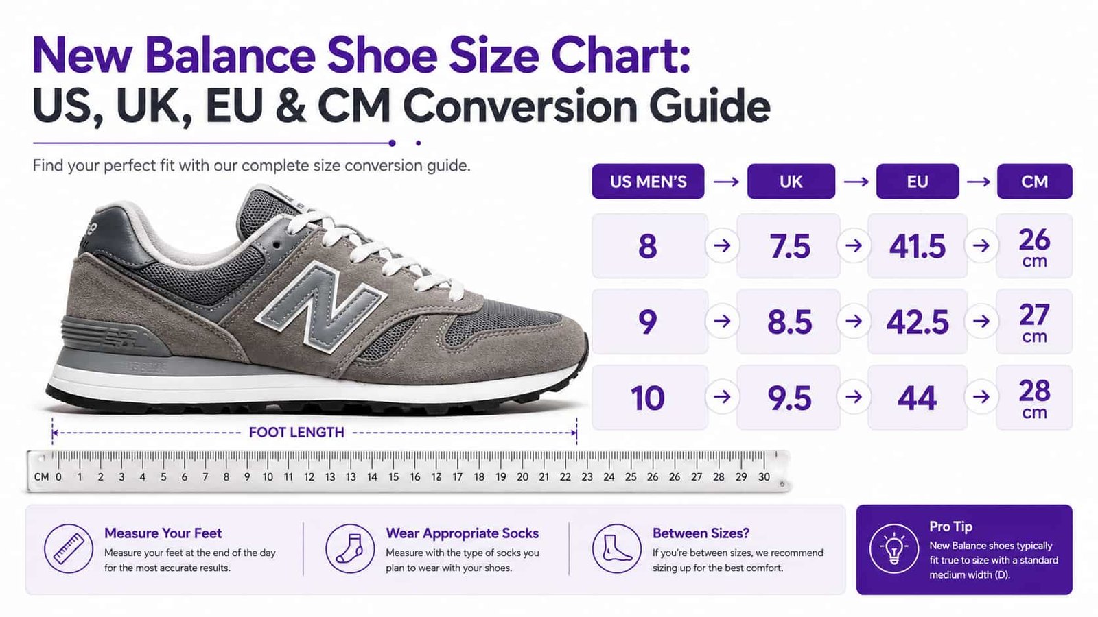 New Balance shoe size chart showing US UK EU and CM men's shoe size conversion