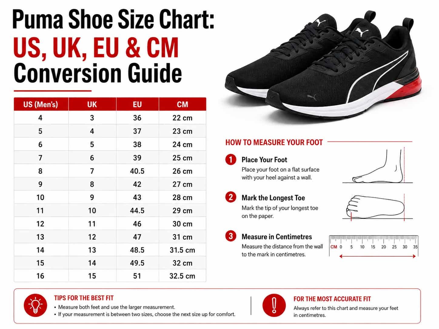 Puma men's shoe size chart with US UK EU and CM conversions