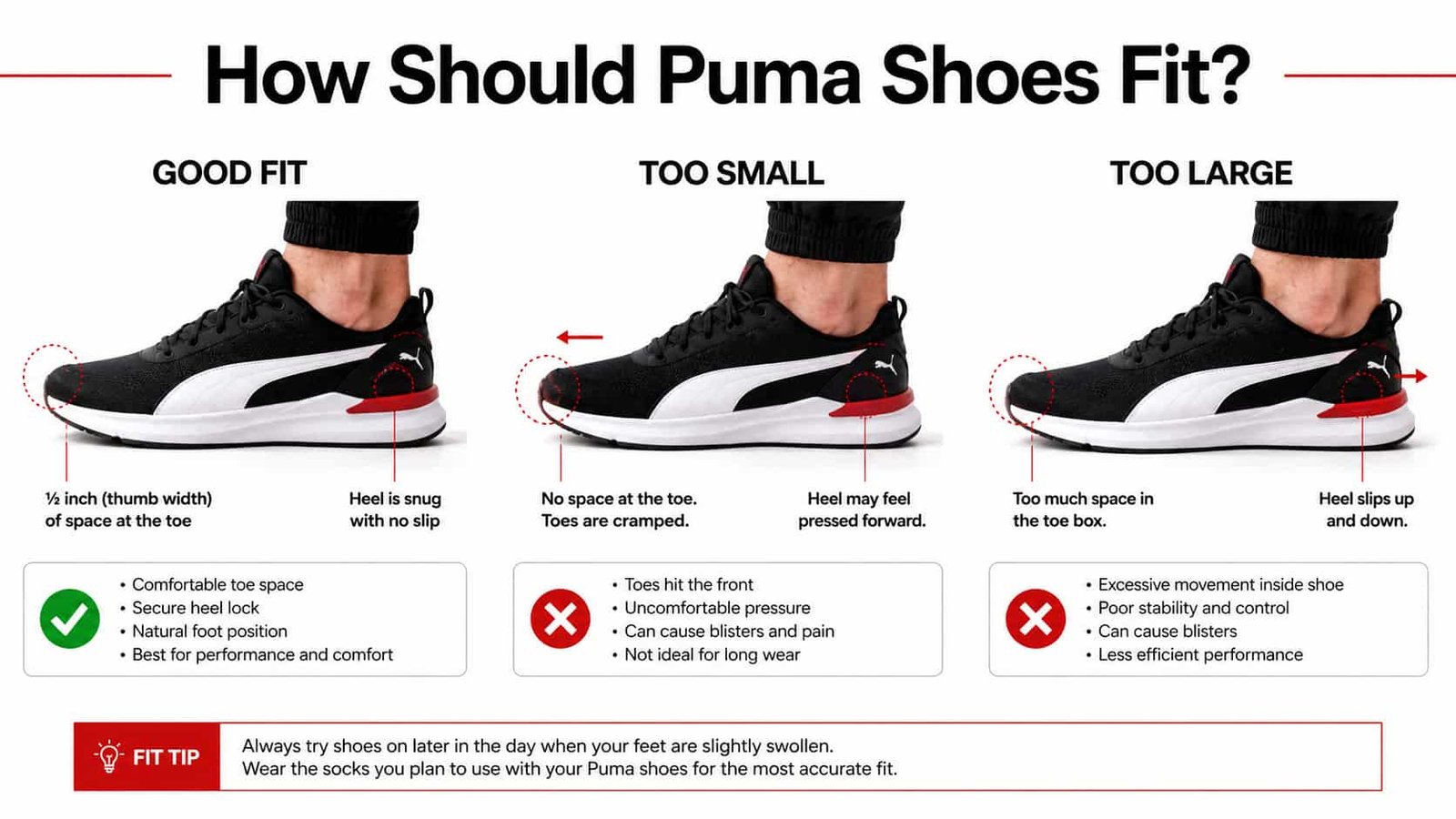 Puma shoe fit guide showing correct fit versus shoes that are too small or too large