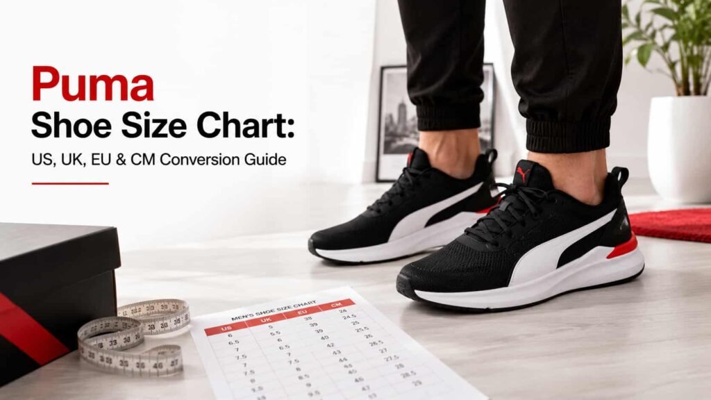 Puma shoe size chart guide showing men's athletic shoes and sizing information