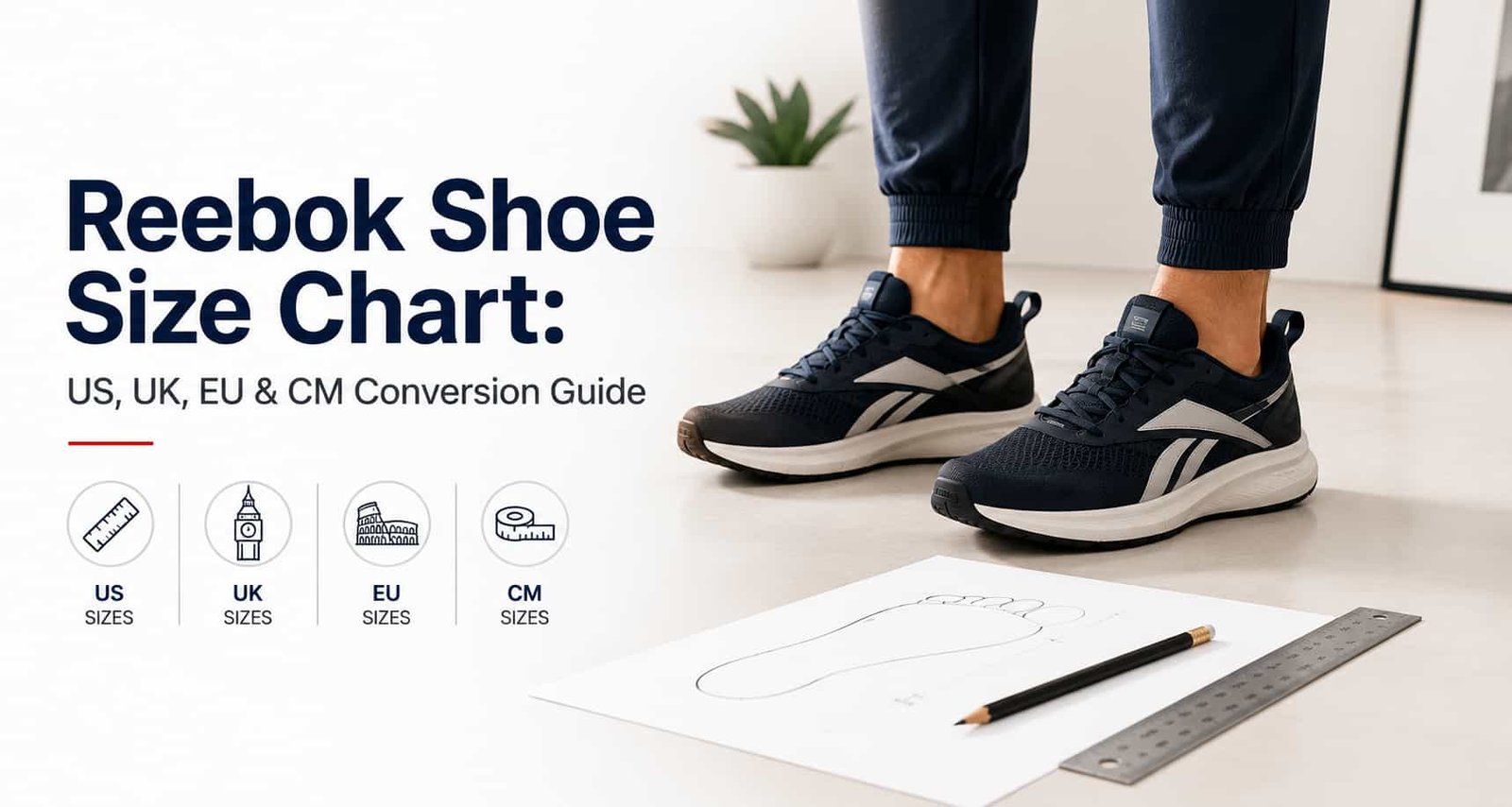 Reebok shoe size chart guide showing men's sneakers and foot measurement