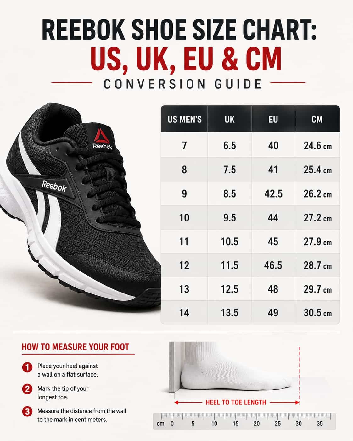 Reebok shoe size chart showing US Men's UK EU and CM size conversion