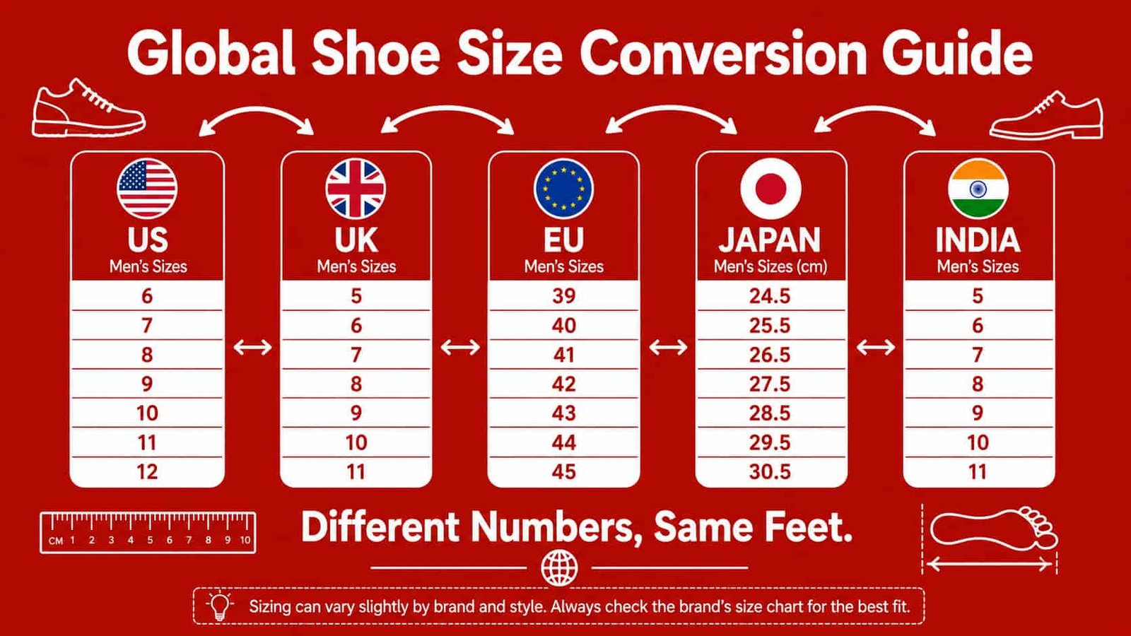 visual diagram explaining how different shoe sizing systems compare and convert