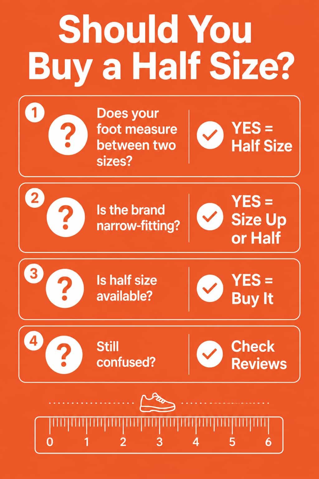 flowchart showing whether to size up down or choose half size based on foot measurement