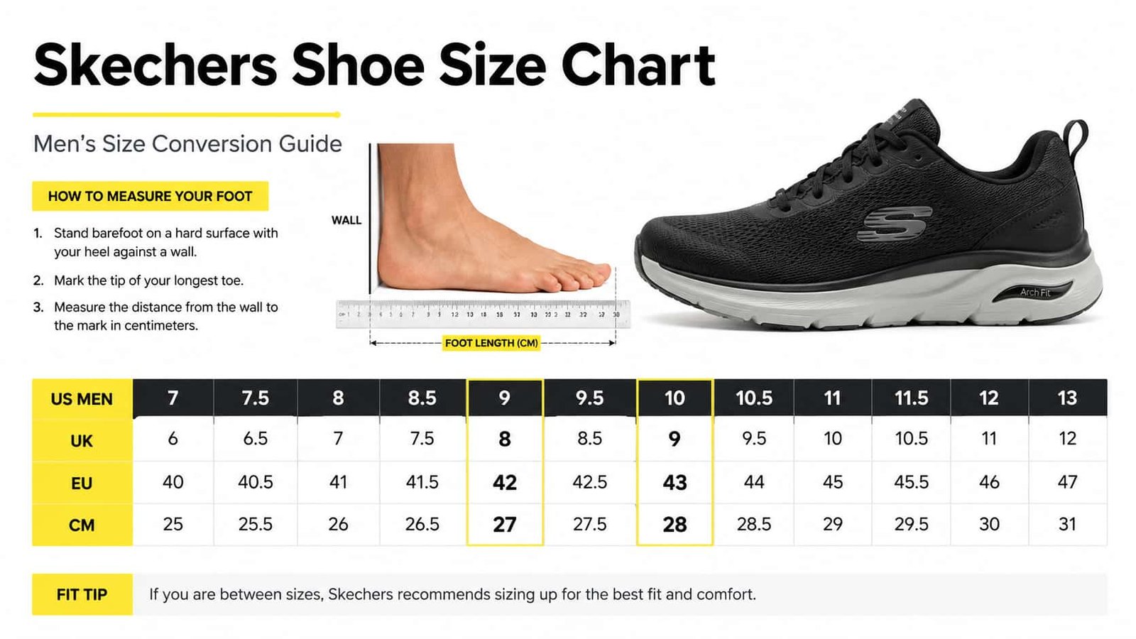 Skechers men's shoe size conversion chart showing US UK EU and CM sizes