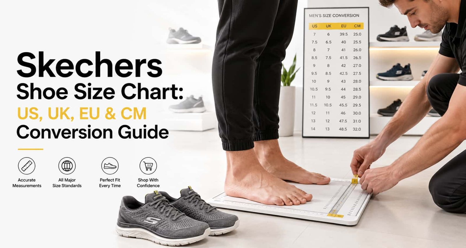 Skechers shoe size chart for men's US UK EU and CM sizes