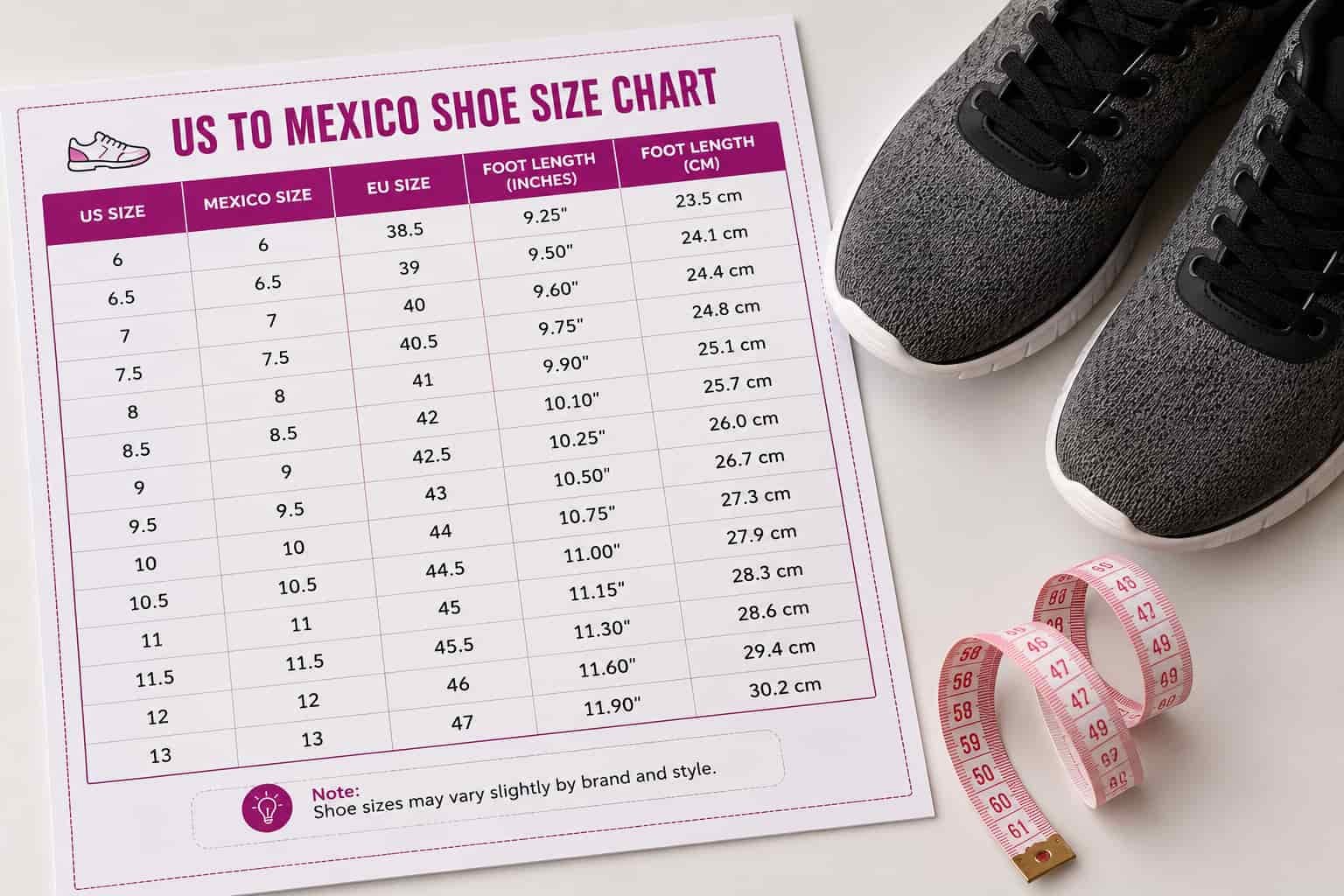 Table comparing US, Mexico, and EU men's shoe sizes with foot length in inches