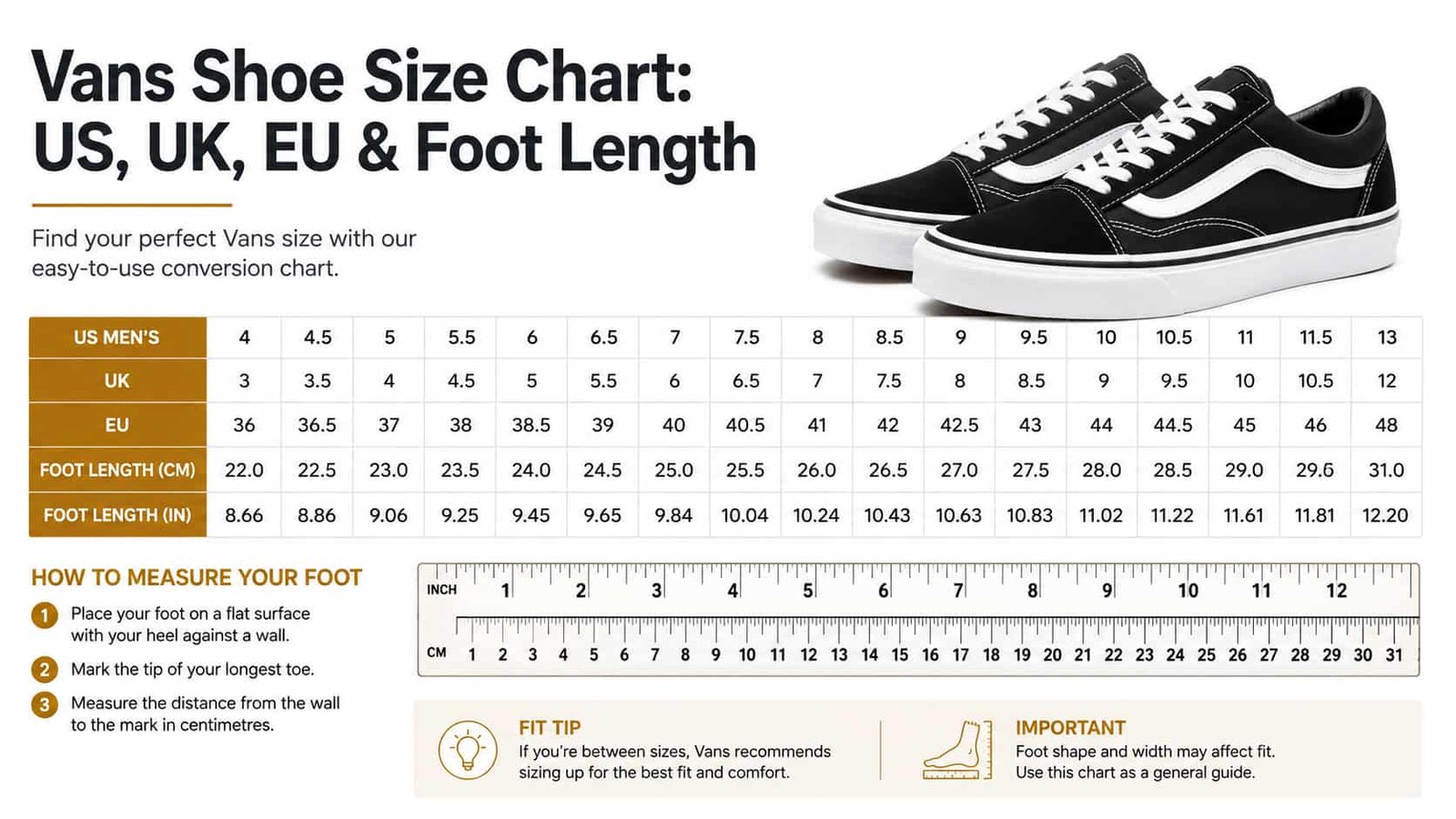 Vans US UK EU shoe size conversion chart with foot length